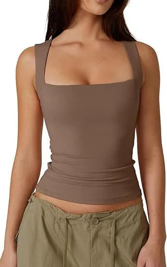New  Summer New Women's Square Collar Sleeveless Double Layer Vest Basic Tight T-Shirt