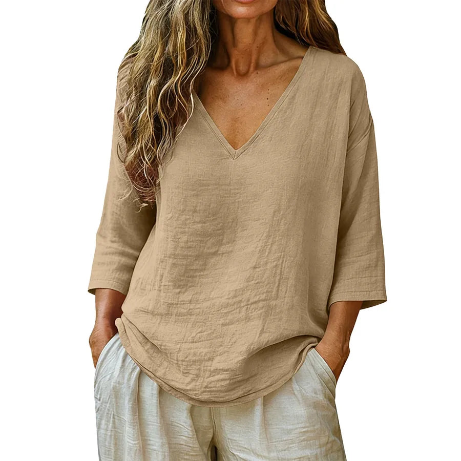 British Style Cotton T-shirt for Women with Half Sleeve and V Neck, Regular Sleeve Design