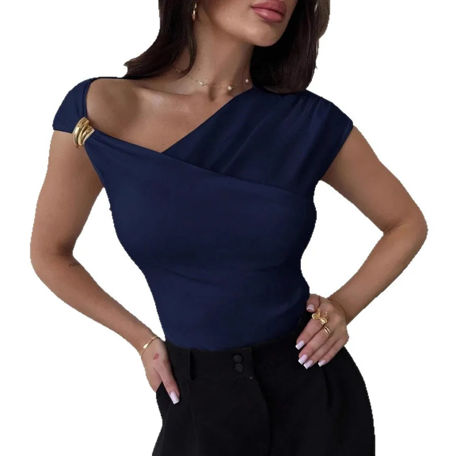 Solid Color Simple Style Short Sleeve Polyester T-shirt with Asymmetrical Design