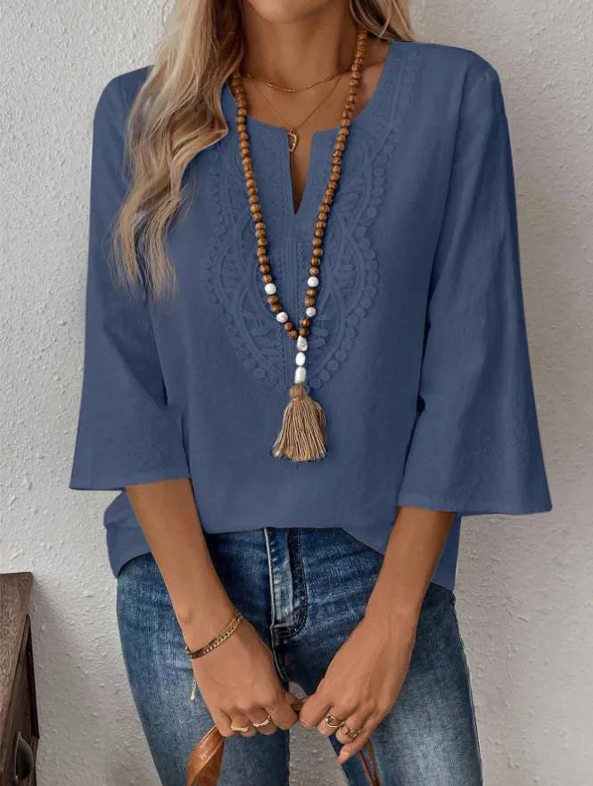 Loose Pure Color V-neck Lace Trim Shirt Women's Casual Style Seven-quarter Sleeve Polyester Fabric  Fashion