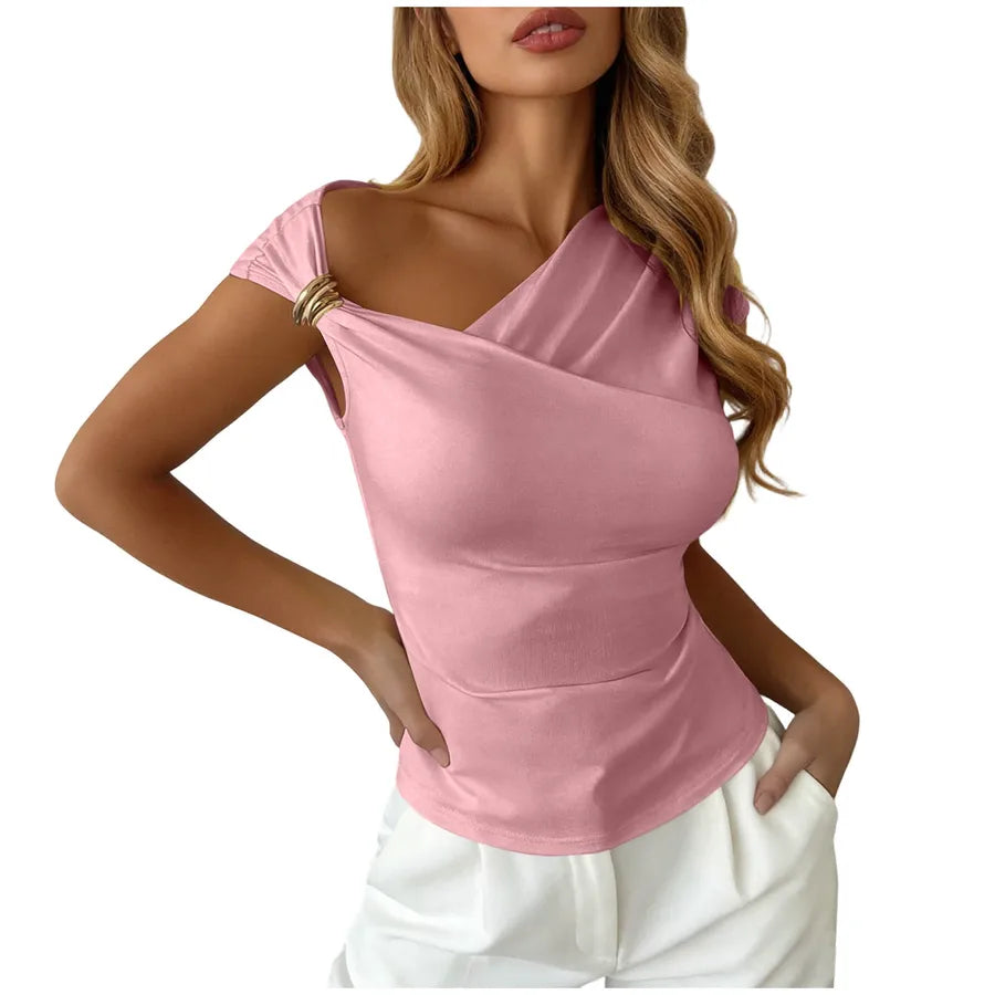 Solid Color Simple Style Short Sleeve Polyester T-shirt with Asymmetrical Design