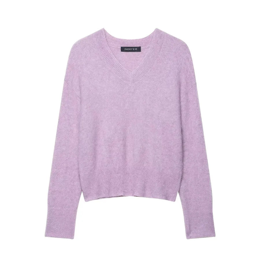 Fashionable V-Neck Short Knitwear Round Neck Solid Color Loose Women's Sweater European Style Polyester Acrylic Long Sleeve Elegant