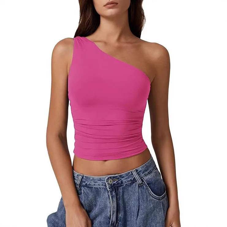 Summer  Women's   New Sleeveless One-Shoulder Solid Color Slim-Fit Sexy Navel Vest T-shirt