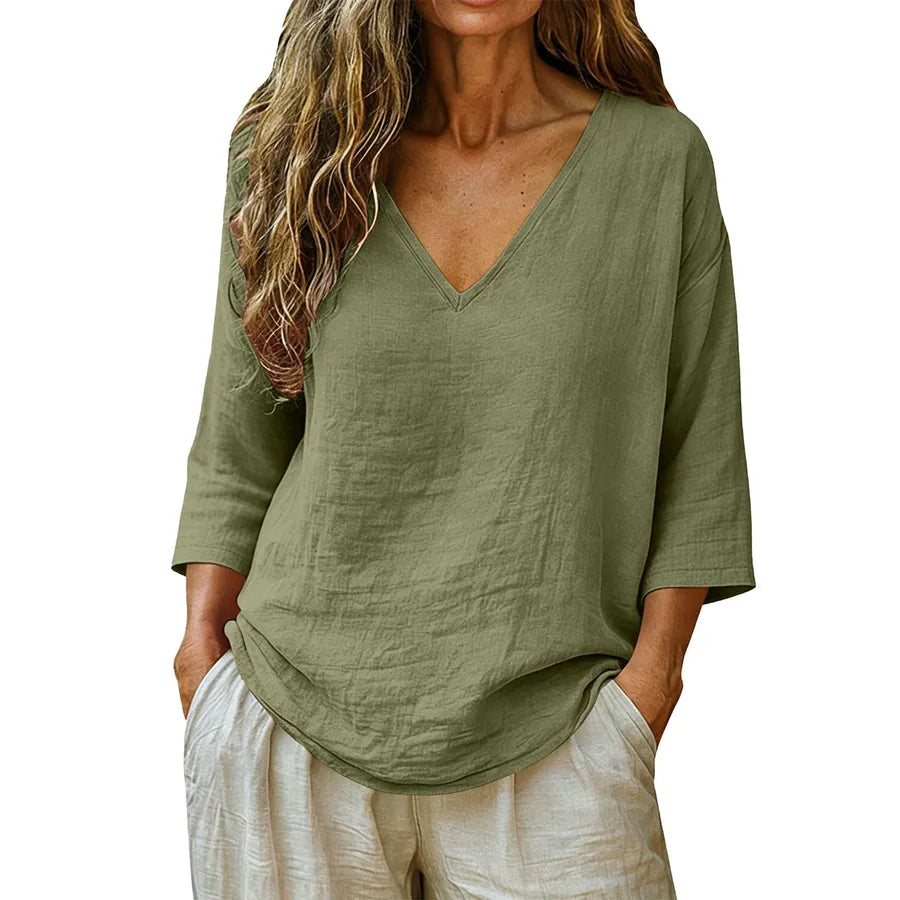 British Style Cotton T-shirt for Women with Half Sleeve and V Neck, Regular Sleeve Design