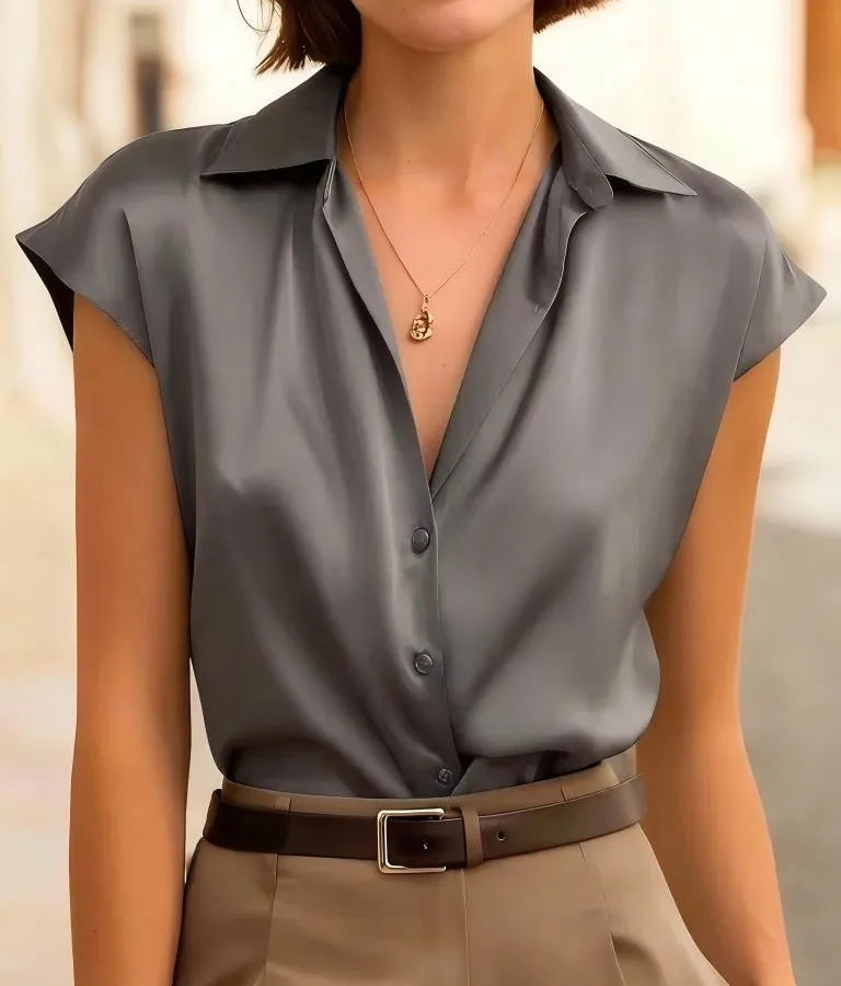 Elegant Solid Color Satin Short Sleeve Women's Shirt with Single Breasted Closure and Shirt Collar
