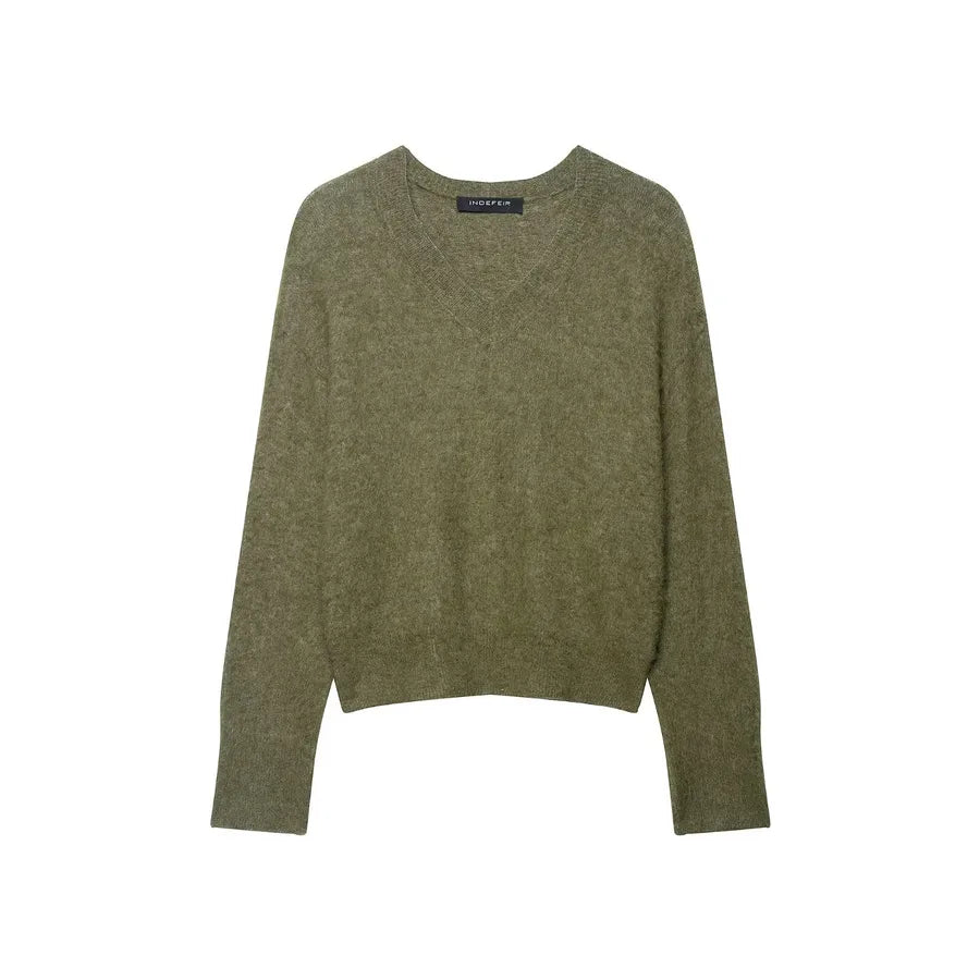 Fashionable V-Neck Short Knitwear Round Neck Solid Color Loose Women's Sweater European Style Polyester Acrylic Long Sleeve Elegant