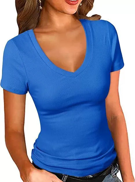 Summer  Women's Slim Fit V-Neck Short Sleeve Pure Color T-Shirt Casual Style New Fashion Top Quality Cotton Polyester