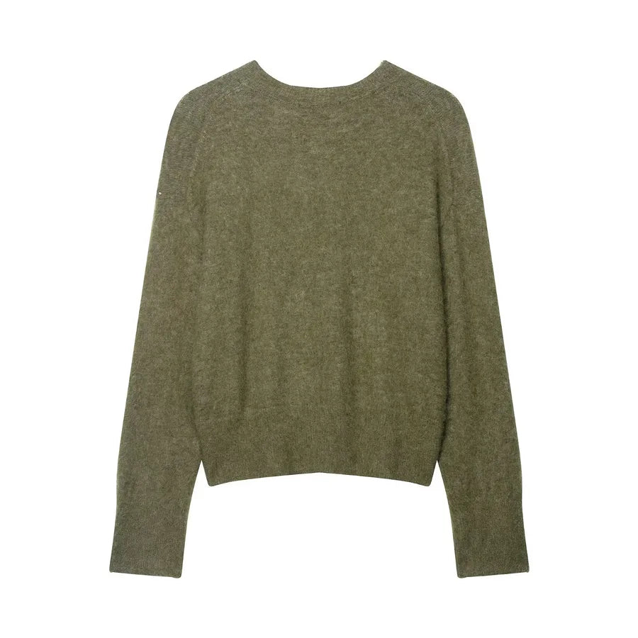 Fashionable V-Neck Short Knitwear Round Neck Solid Color Loose Women's Sweater European Style Polyester Acrylic Long Sleeve Elegant