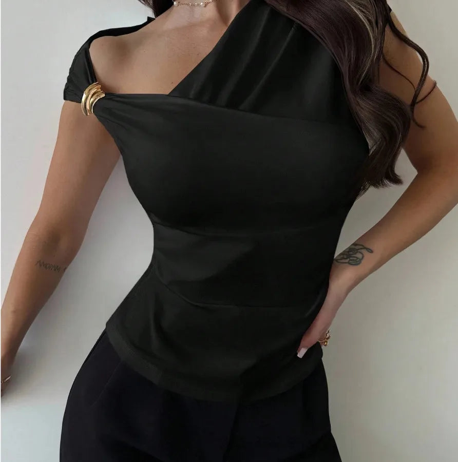 Solid Color Simple Style Short Sleeve Polyester T-shirt with Asymmetrical Design