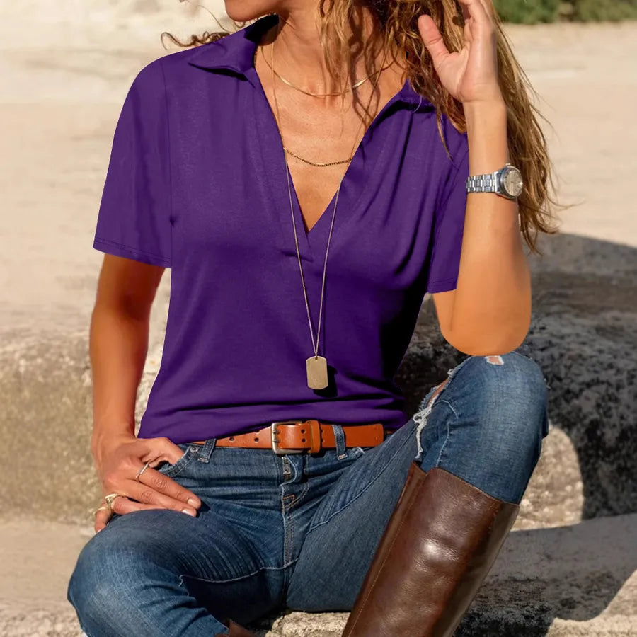 summer Europe and the United States   independent station  new women's casual V-neck solid color lapel short sleeve women