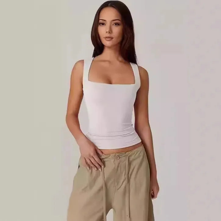 New  Summer New Women's Square Collar Sleeveless Double Layer Vest Basic Tight T-Shirt Black