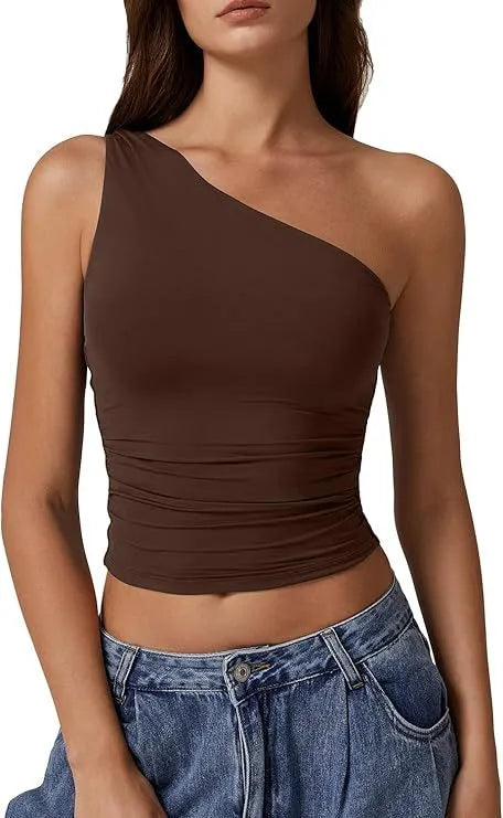 Summer  Women's   New Sleeveless One-Shoulder Solid Color Slim-Fit Sexy Navel Vest T-shirt
