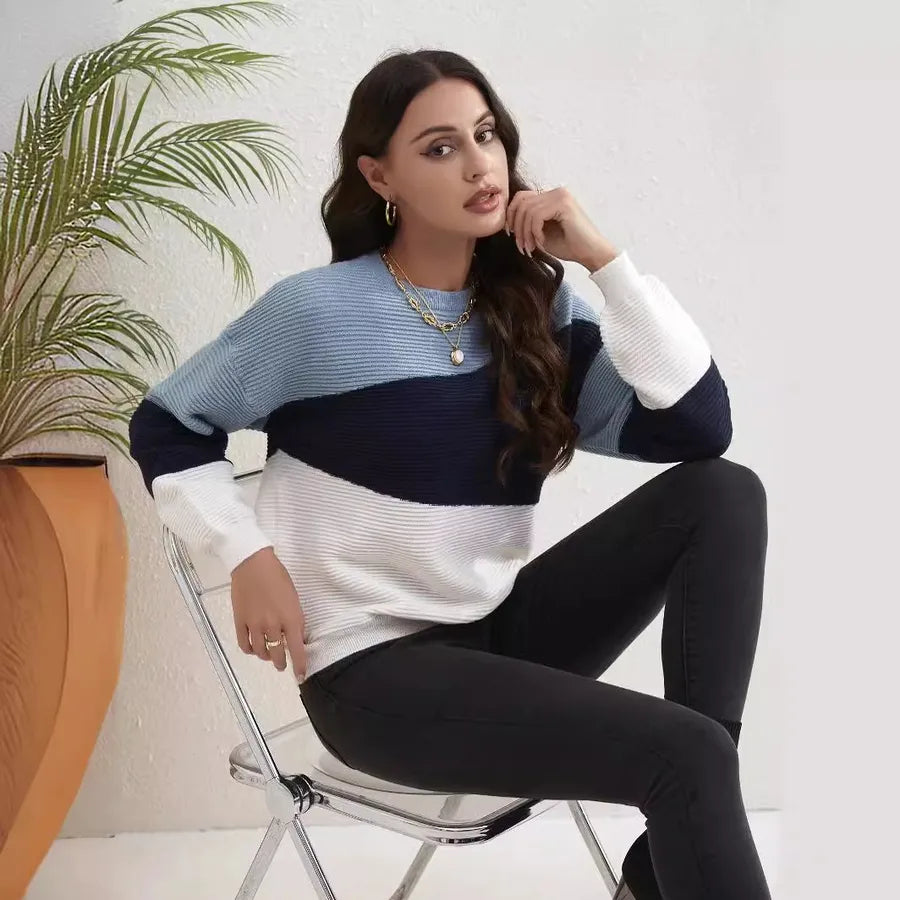Knitted Sweater Ladies Autumn and Winter Warm Color Matching Design Office Business Casual Round Neck Long Sleeve