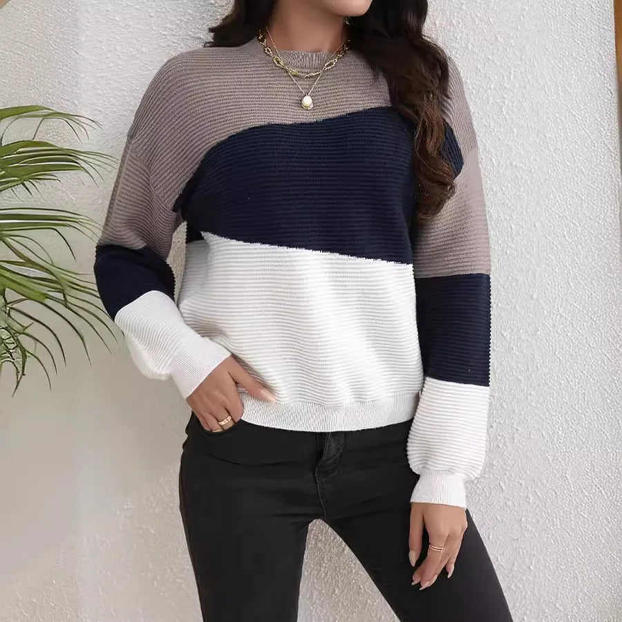Knitted Sweater Ladies Autumn and Winter Warm Color Matching Design Office Business Casual Round Neck Long Sleeve