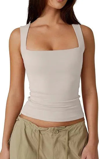 New  Summer New Women's Square Collar Sleeveless Double Layer Vest Basic Tight T-Shirt