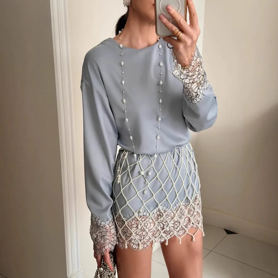 Elegant Solid Color Long Sleeve T-shirt with Lace Detail in Polyester Fabric