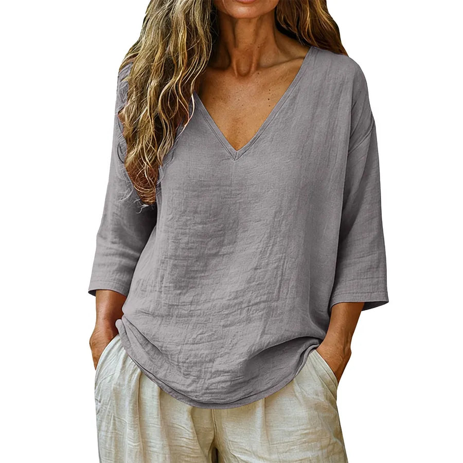British Style Cotton T-shirt for Women with Half Sleeve and V Neck, Regular Sleeve Design