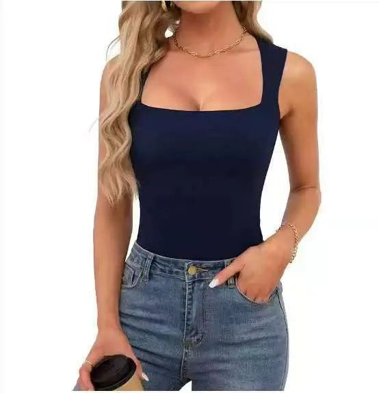 New  Summer New Women's Square Collar Sleeveless Double Layer Vest Basic Tight T-Shirt Black