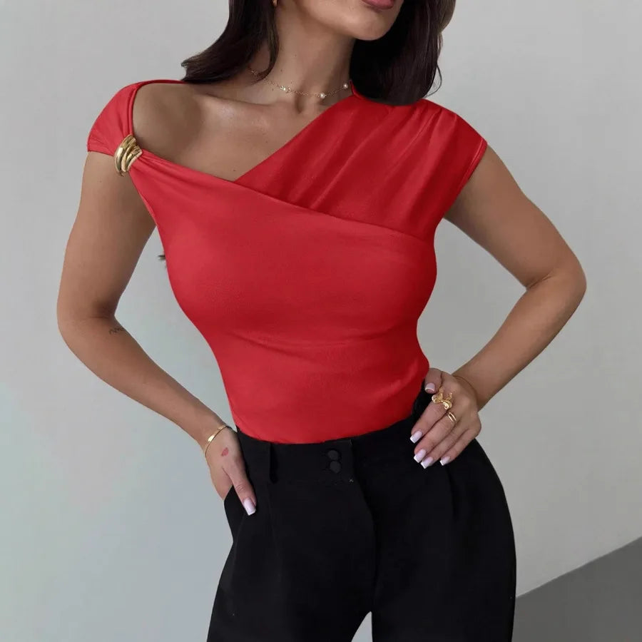 Solid Color Simple Style Short Sleeve Polyester T-shirt with Asymmetrical Design