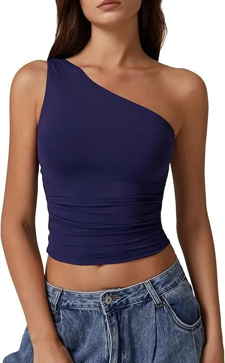 Summer  Women's   New Sleeveless One-Shoulder Solid Color Slim-Fit Sexy Navel Vest T-shirt