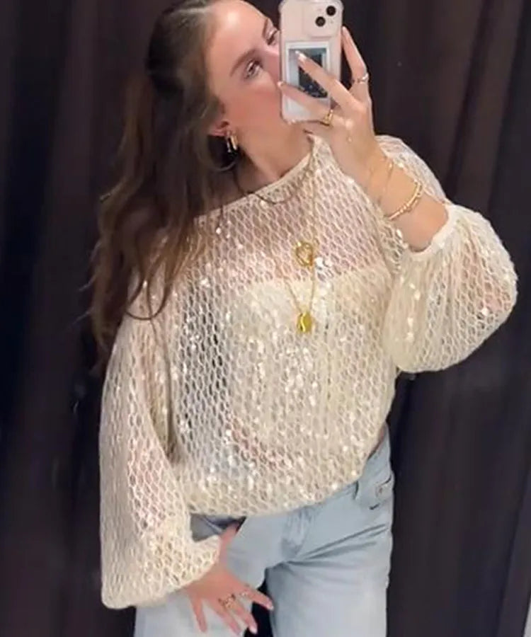 Spring Summer New Pure Color Knitted Long Sleeve Hollow Out Overhead Sequin Top Stylish Intellectual Style Fashionable Women's Sweater
