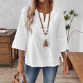 Loose Pure Color V-neck Lace Trim Shirt Women's Casual Style Seven-quarter Sleeve Polyester Fabric  Fashion
