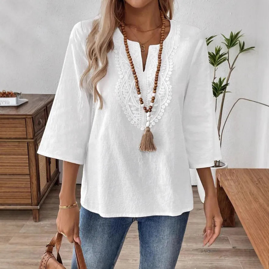 Loose Pure Color V-neck Lace Trim Shirt Women's Casual Style Seven-quarter Sleeve Polyester Fabric  Fashion