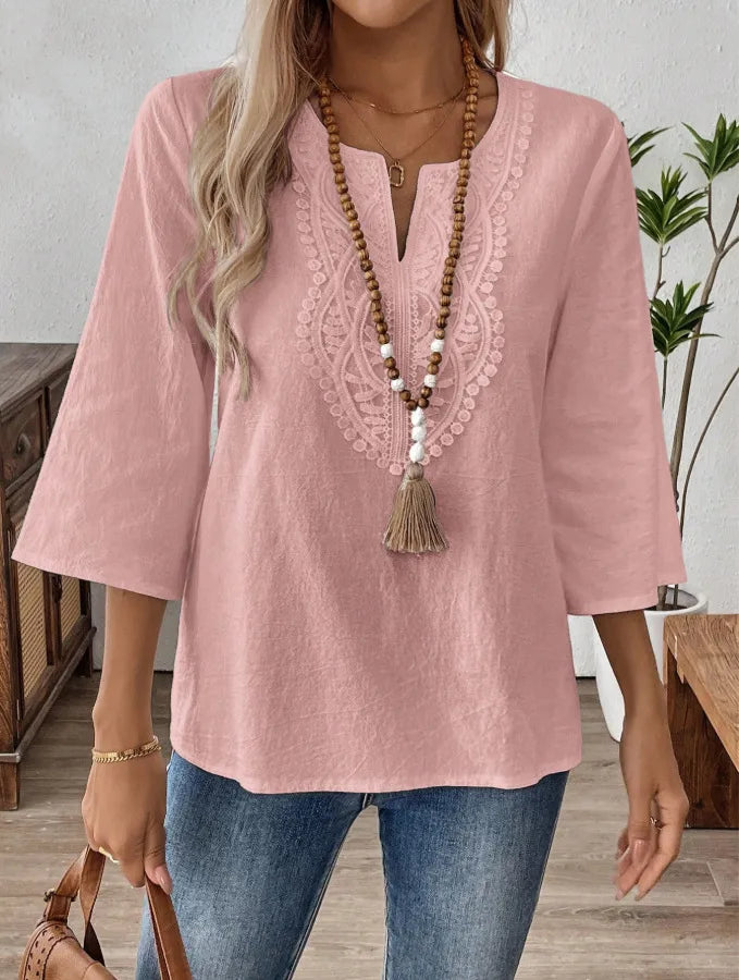Loose Pure Color V-neck Lace Trim Shirt Women's Casual Style Seven-quarter Sleeve Polyester Fabric  Fashion