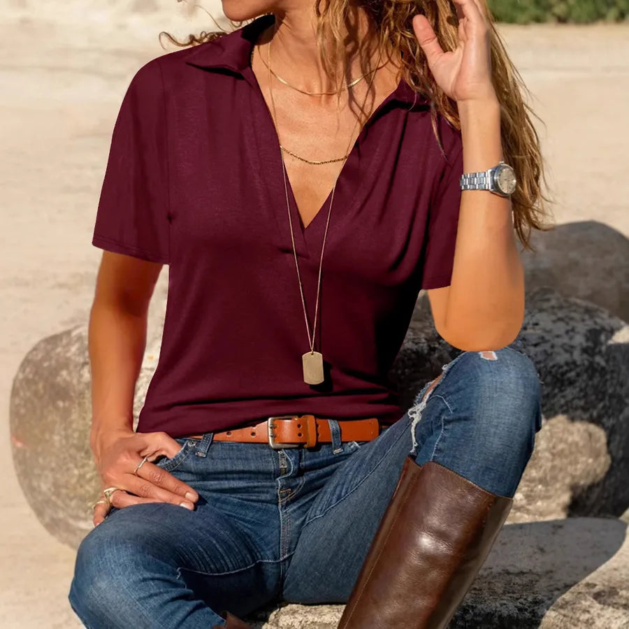 summer Europe and the United States   independent station  new women's casual V-neck solid color lapel short sleeve women