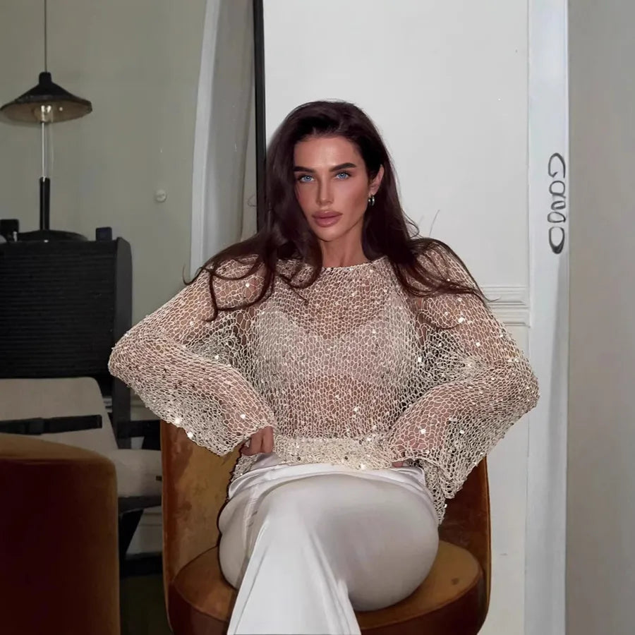 Spring Summer New Pure Color Knitted Long Sleeve Hollow Out Overhead Sequin Top Stylish Intellectual Style Fashionable Women's Sweater