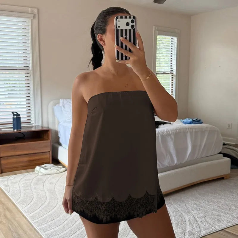 Sexy Solid Color T-shirt with Splicing Craft in Elastane Fabric Featuring Tube Bra Style
