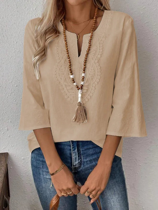 Loose Pure Color V-neck Lace Trim Shirt Women's Casual Style Seven-quarter Sleeve Polyester Fabric  Fashion