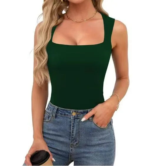 New  Summer New Women's Square Collar Sleeveless Double Layer Vest Basic Tight T-Shirt Black