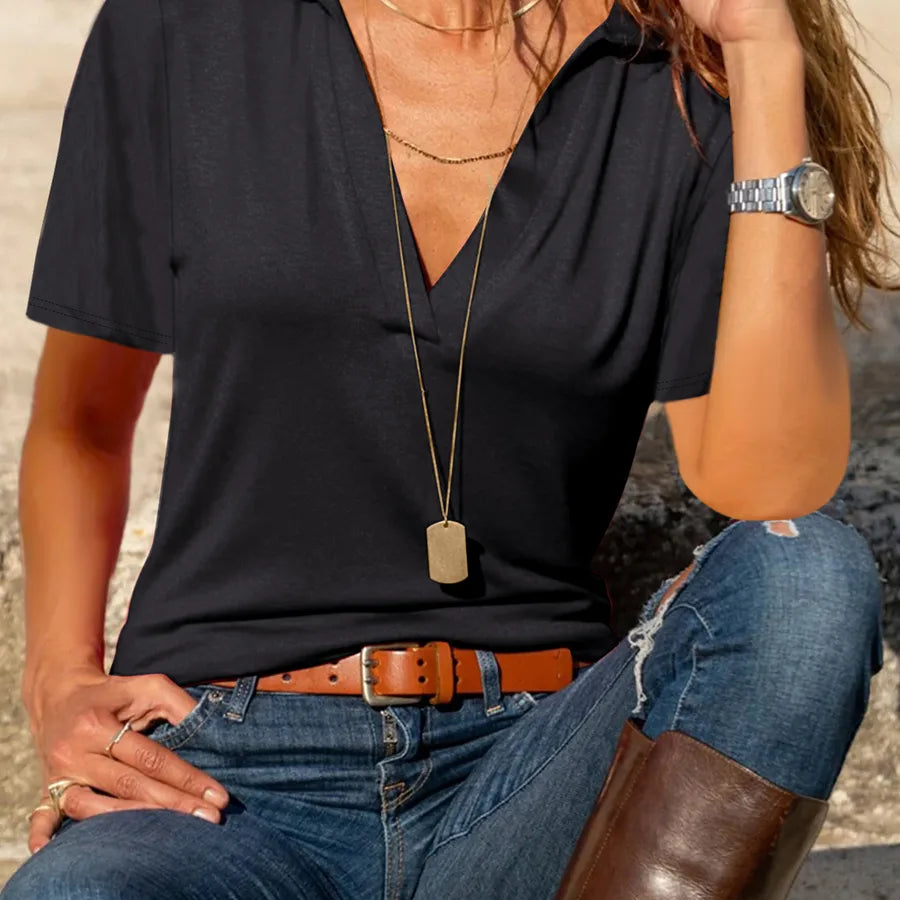 summer Europe and the United States   independent station  new women's casual V-neck solid color lapel short sleeve women