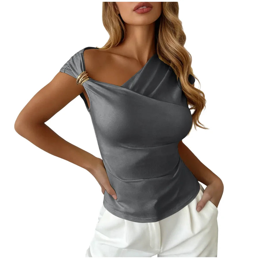 Solid Color Simple Style Short Sleeve Polyester T-shirt with Asymmetrical Design