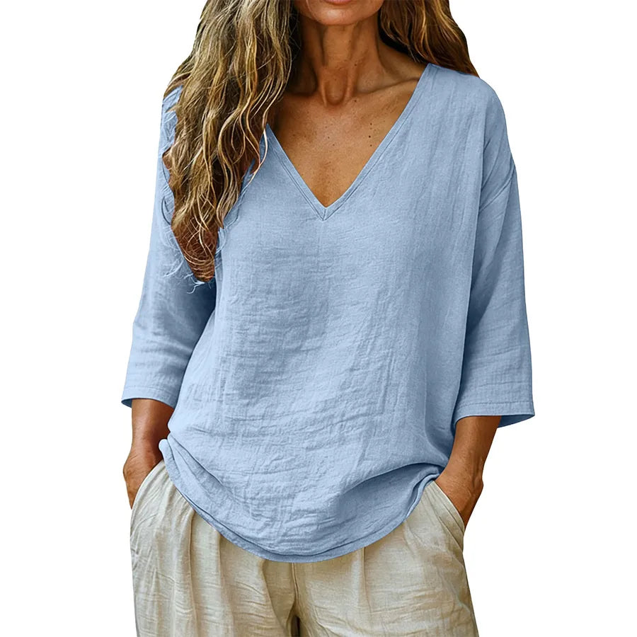 British Style Cotton T-shirt for Women with Half Sleeve and V Neck, Regular Sleeve Design