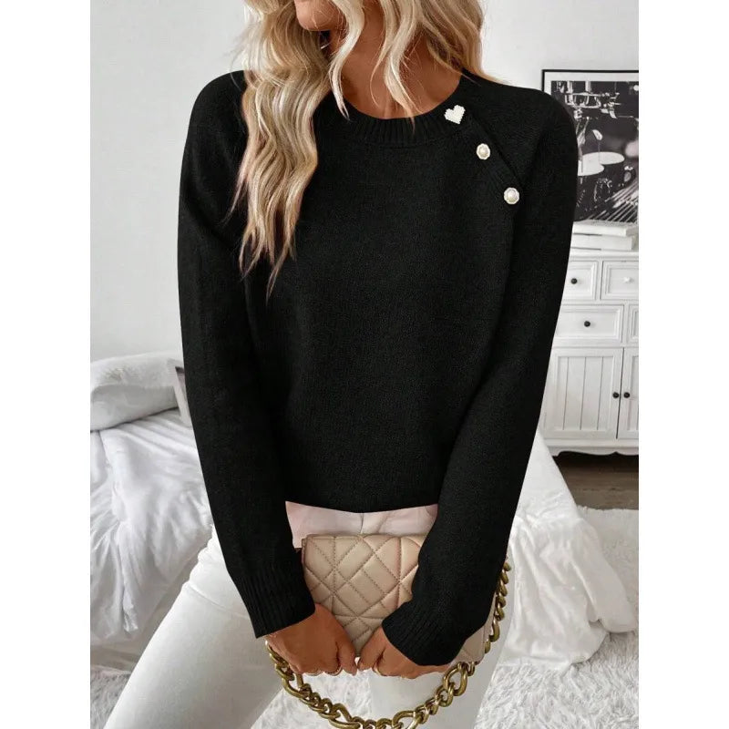 Casual Ladies Knitwear Diagonal Button Cotton Blends Spring Summer Long Sleeve Solid Color Daily Wear
