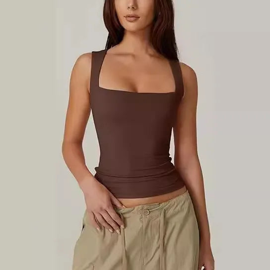 New  Summer New Women's Square Collar Sleeveless Double Layer Vest Basic Tight T-Shirt