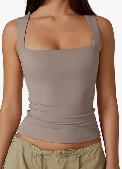 New  Summer New Women's Square Collar Sleeveless Double Layer Vest Basic Tight T-Shirt