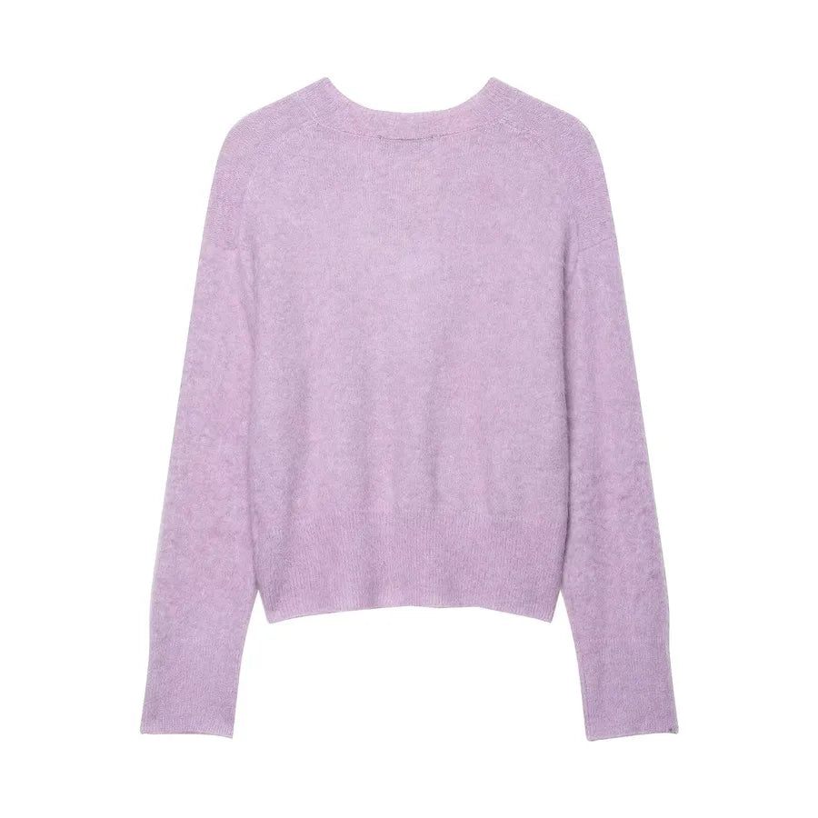 Fashionable V-Neck Short Knitwear Round Neck Solid Color Loose Women's Sweater European Style Polyester Acrylic Long Sleeve Elegant