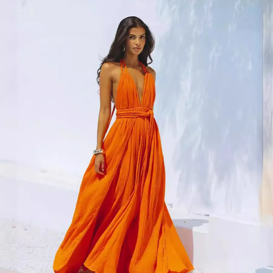 Women's Swing Dress Vacation V Neck Sleeveless Solid Color Maxi Long Dress Holiday Daily Beach