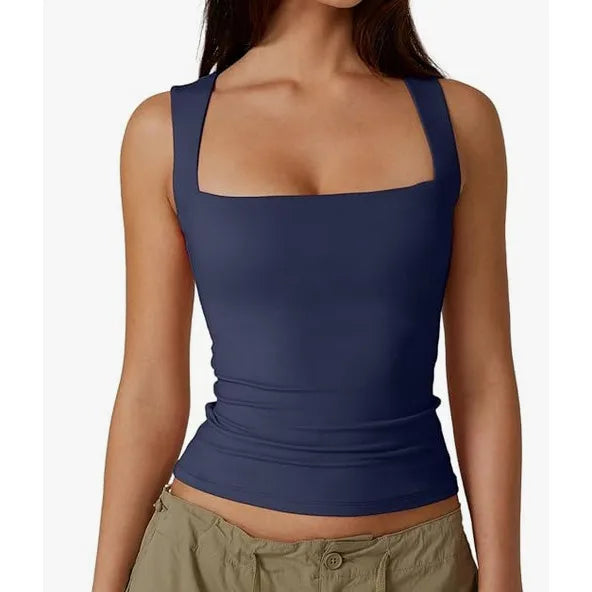 New  Summer New Women's Square Collar Sleeveless Double Layer Vest Basic Tight T-Shirt