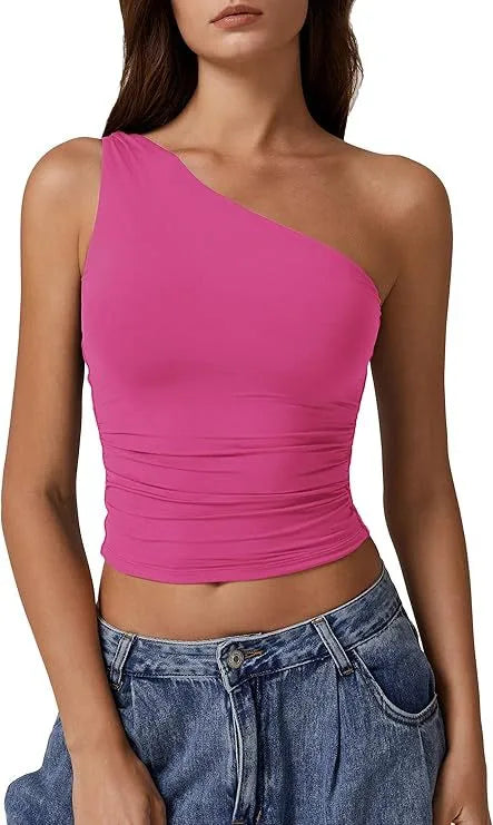 Summer  Women's   New Sleeveless One-Shoulder Solid Color Slim-Fit Sexy Navel Vest T-shirt