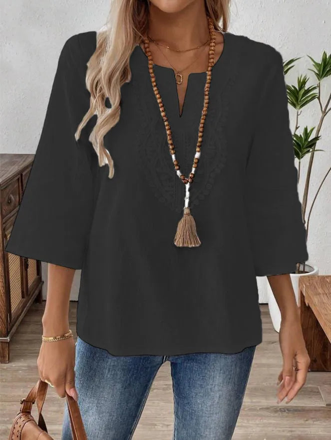 Loose Pure Color V-neck Lace Trim Shirt Women's Casual Style Seven-quarter Sleeve Polyester Fabric  Fashion