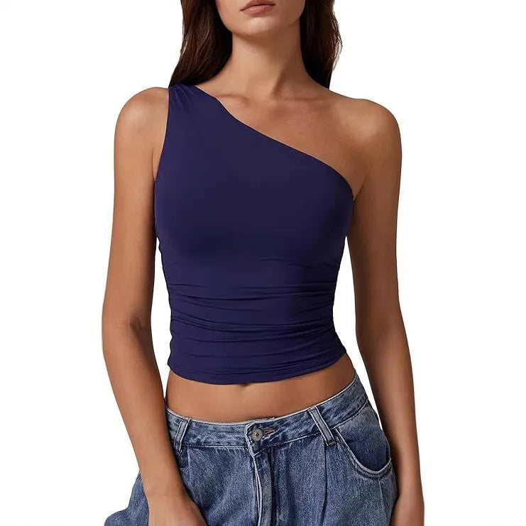Summer  Women's   New Sleeveless One-Shoulder Solid Color Slim-Fit Sexy Navel Vest T-shirt