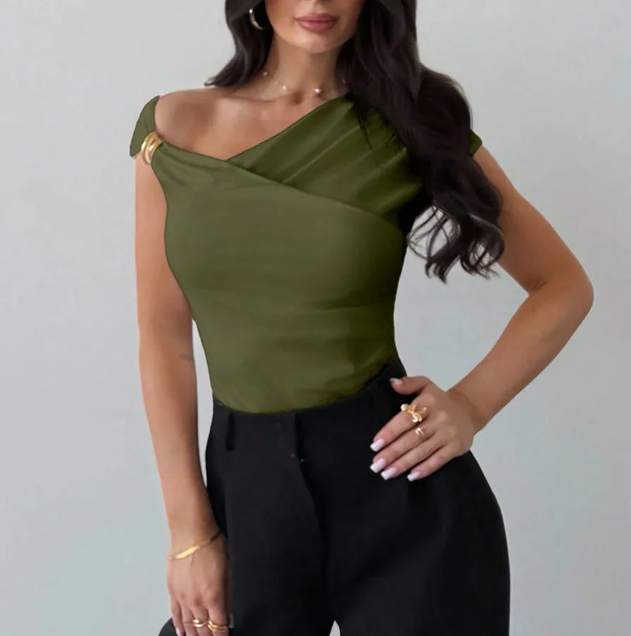 Solid Color Simple Style Short Sleeve Polyester T-shirt with Asymmetrical Design