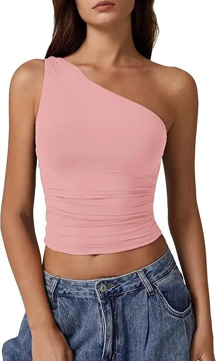 Summer  Women's   New Sleeveless One-Shoulder Solid Color Slim-Fit Sexy Navel Vest T-shirt