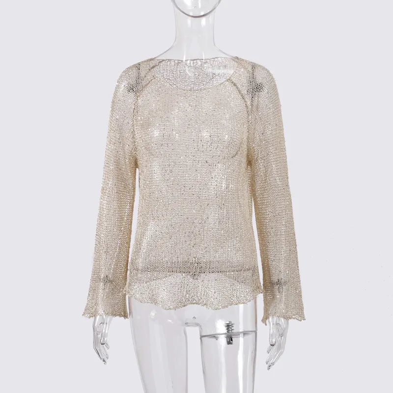 Spring Summer New Pure Color Knitted Long Sleeve Hollow Out Overhead Sequin Top Stylish Intellectual Style Fashionable Women's Sweater