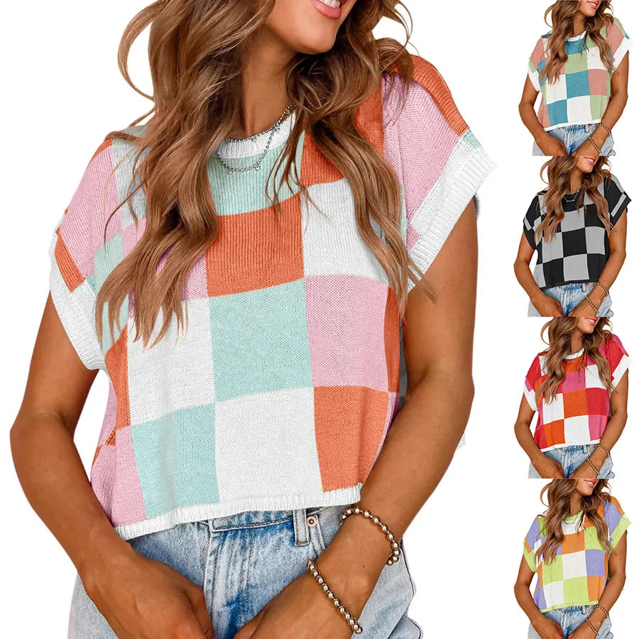 Foreign Trade   Summer Hat Sleeve Navel Short Sleeve Color Block Round Neck Knitted Checkerboard Sweater Short