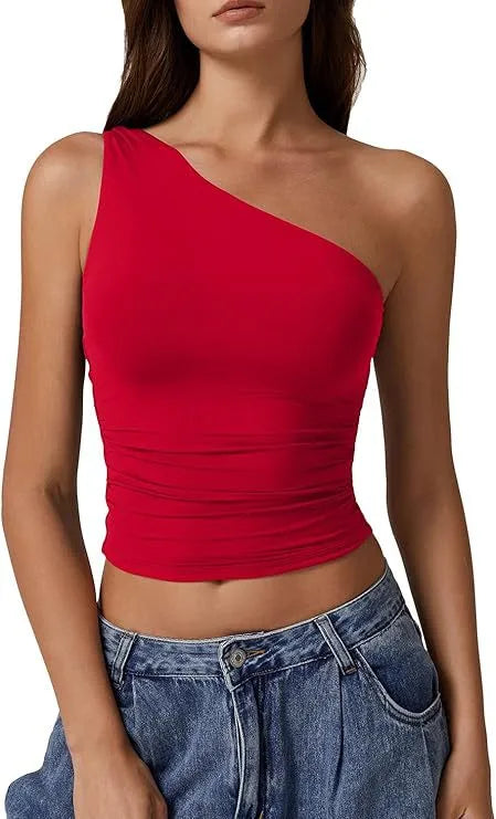 Summer  Women's   New Sleeveless One-Shoulder Solid Color Slim-Fit Sexy Navel Vest T-shirt